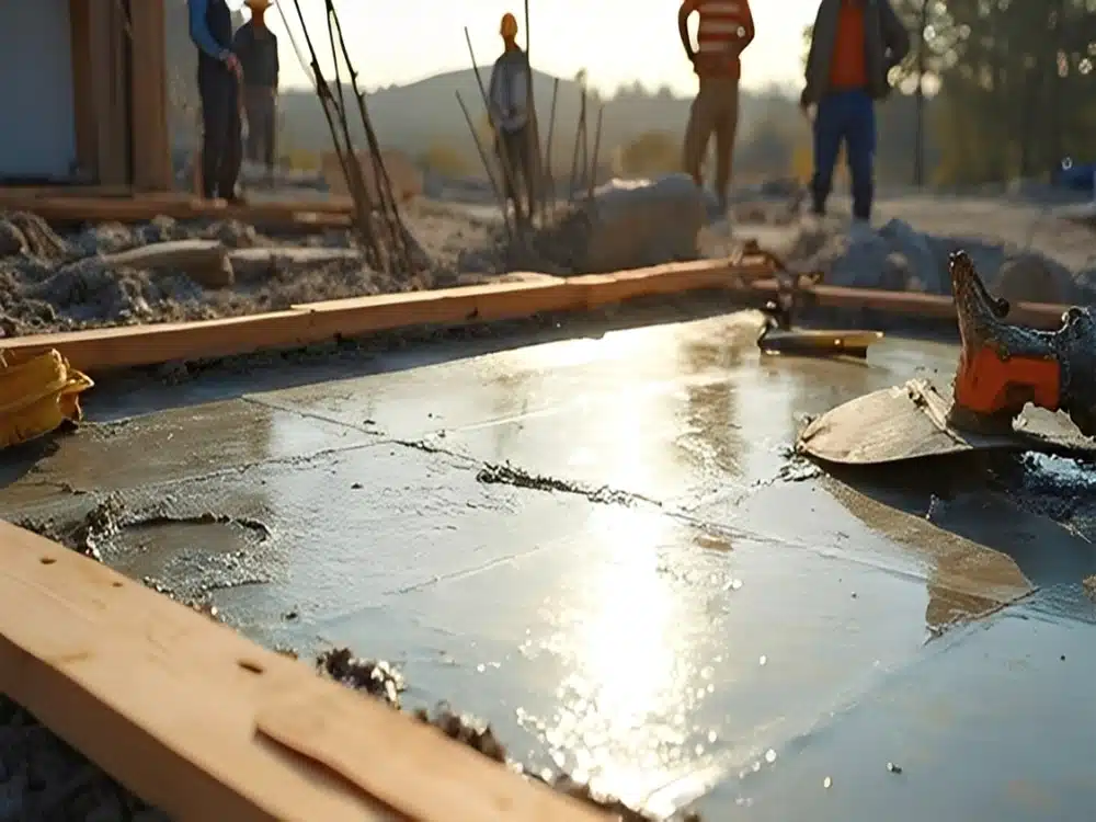 بتنریزی فونداسیون ساختمان، با استفاده از بتن آماده و آرماتوربندی دقیق برای ایجاد پایهای مستحکم و افزایش دوام و مقاومت سازه در برابر بارهای واردشده.